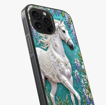 Majestic Floral Stallion Glass Case captured at a warm angle highlighting gloss, texture and premium glass finish.