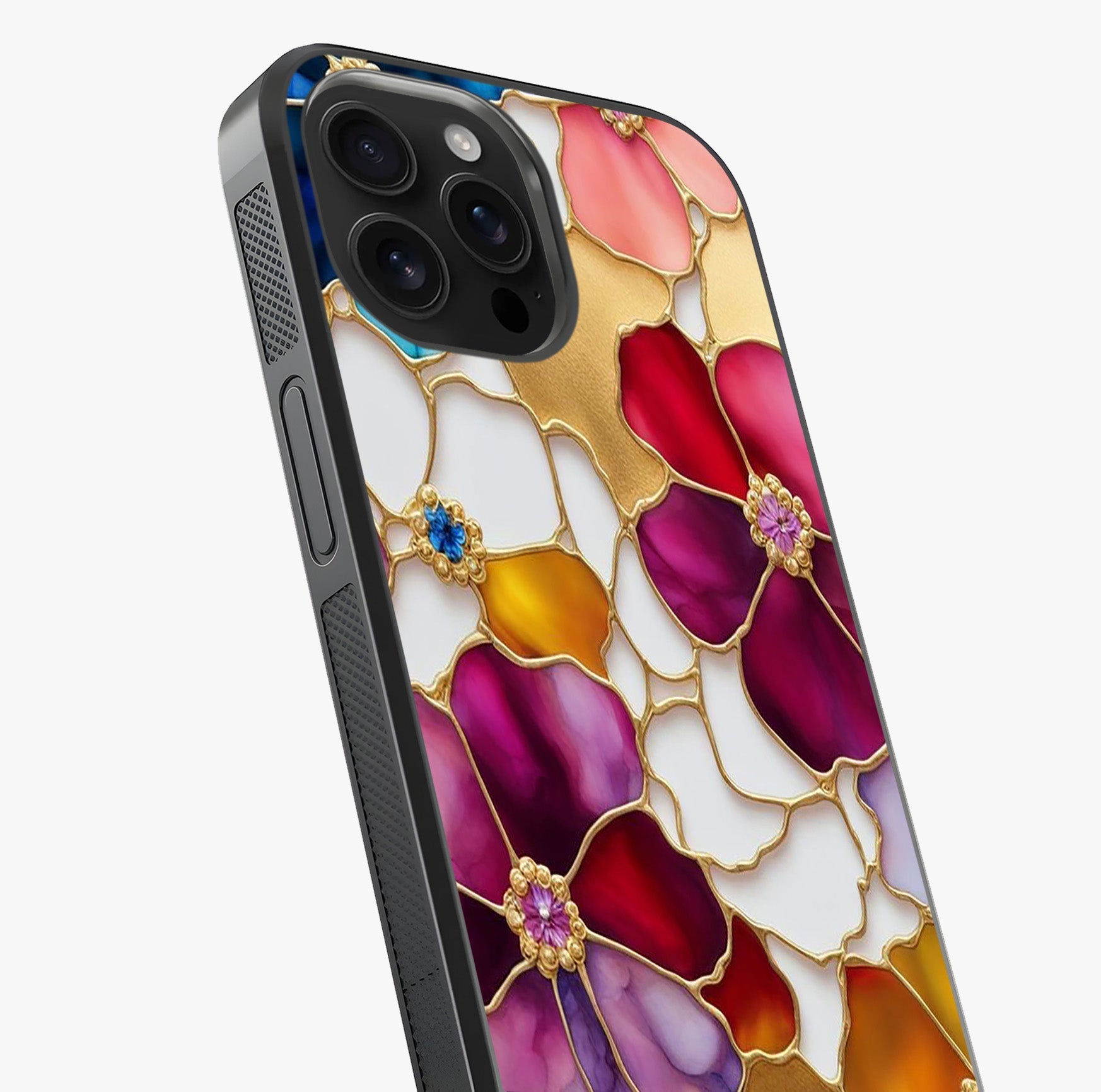 Marble Flower Pattern Glass Case captured at a warm angle highlighting gloss, texture and premium glass finish.