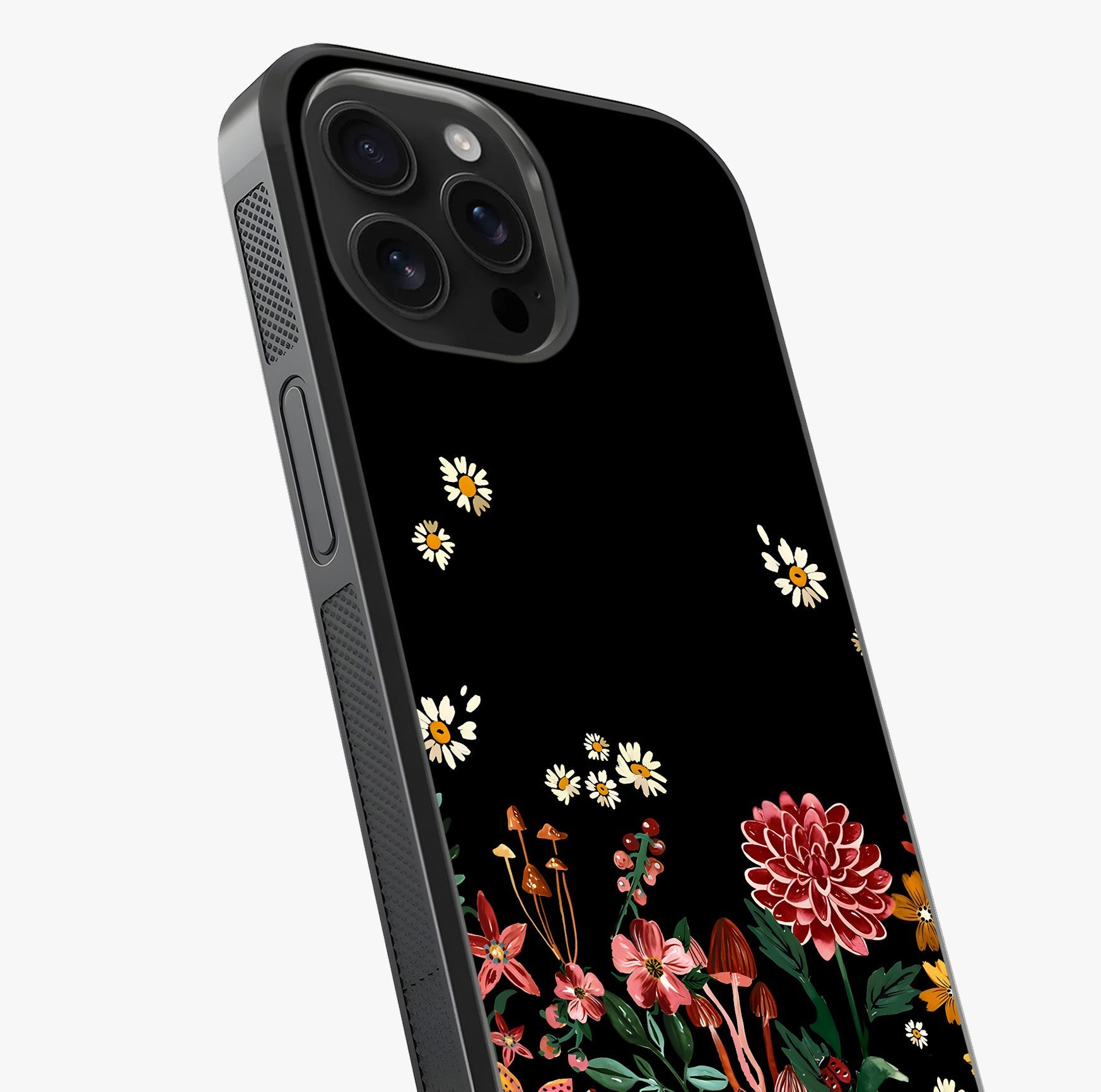 Midnight Bloom Pattern Glass Case captured at a warm angle highlighting gloss, texture and premium glass finish.
