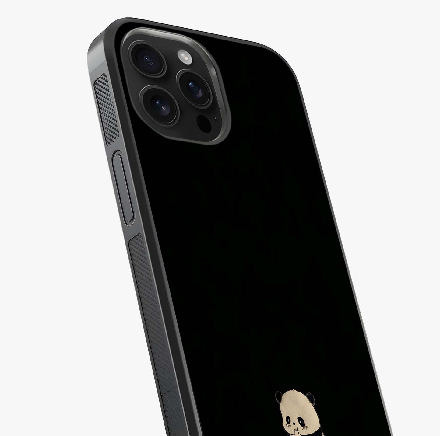 Midnight Panda Love Glass Case captured at a warm angle highlighting gloss, texture and premium glass finish.