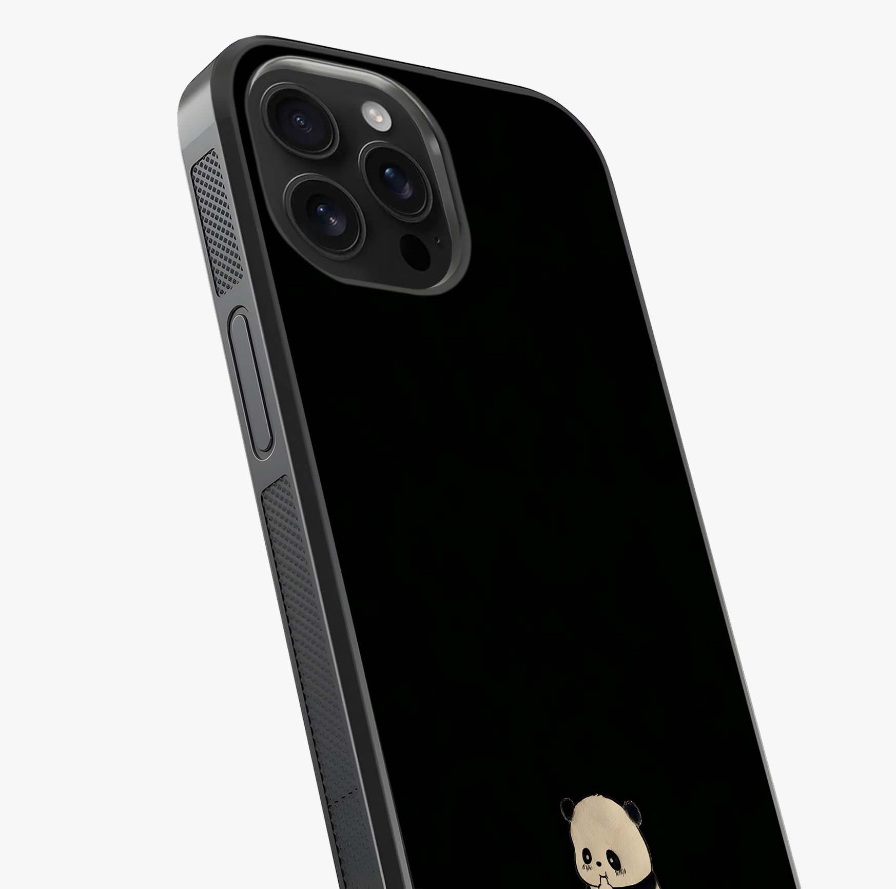 Midnight Panda Love Glass Case captured at a warm angle highlighting gloss, texture and premium glass finish.