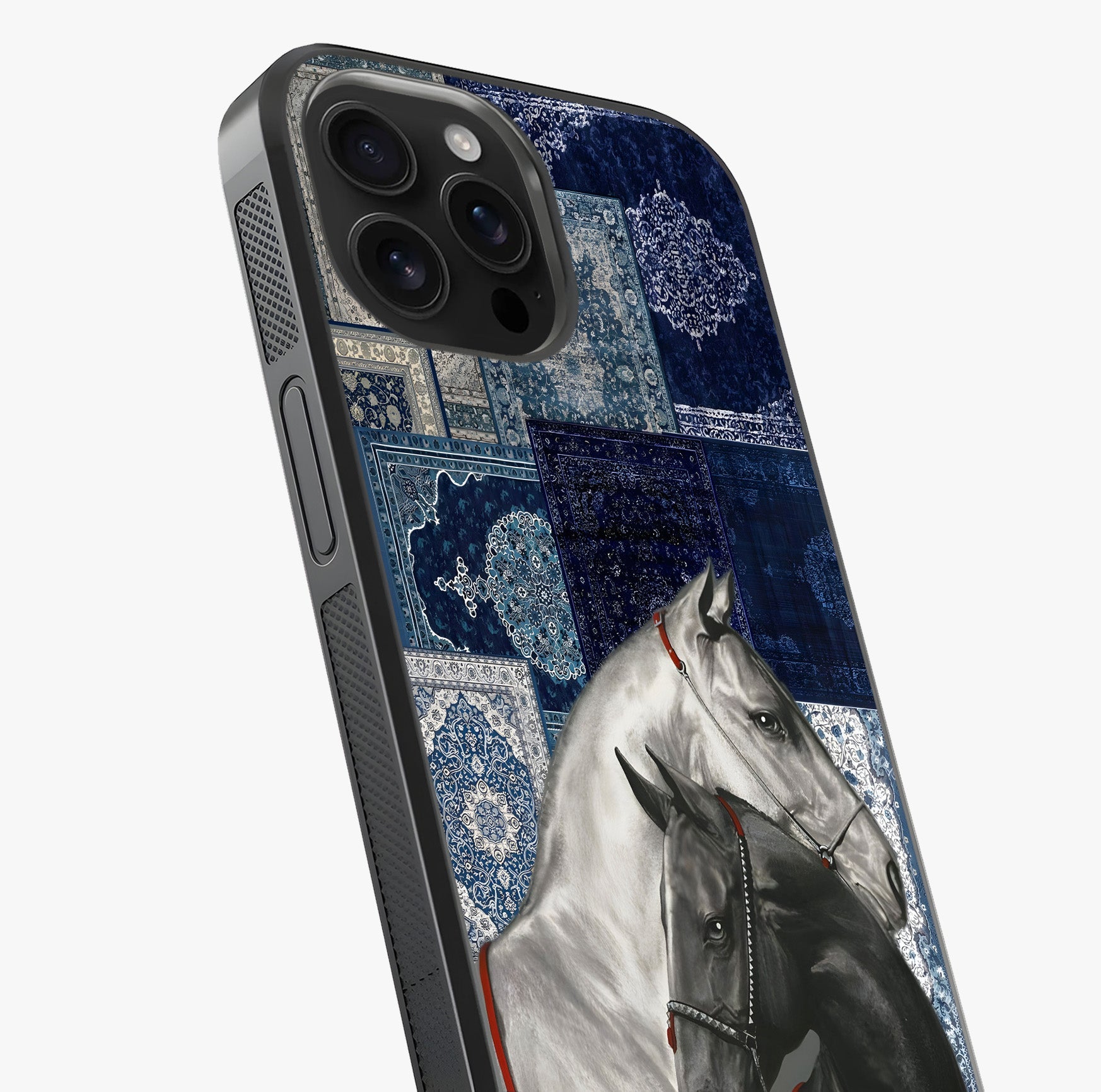 Midnight Stallion Blues Glass Case captured at a warm angle highlighting gloss, texture and premium glass finish.
