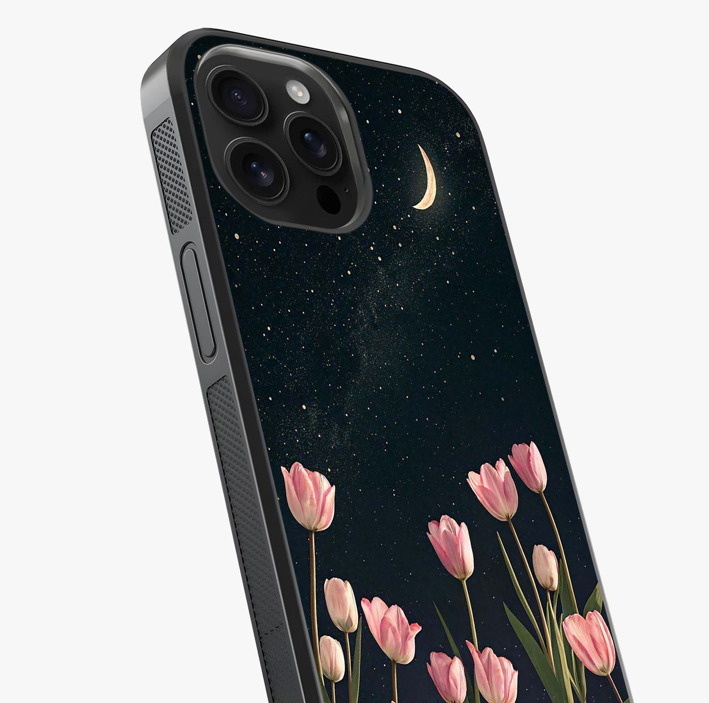 Midnight Tulip Whispers Vibe Glass Case captured at a warm angle highlighting gloss, texture and premium glass finish.