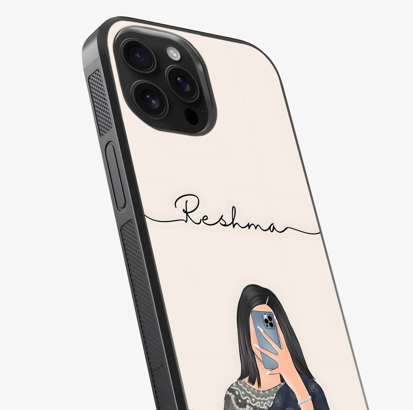 Mirror Mood Muse With Custom Name Glass Case captured at a warm angle highlighting gloss, texture and premium glass finish.