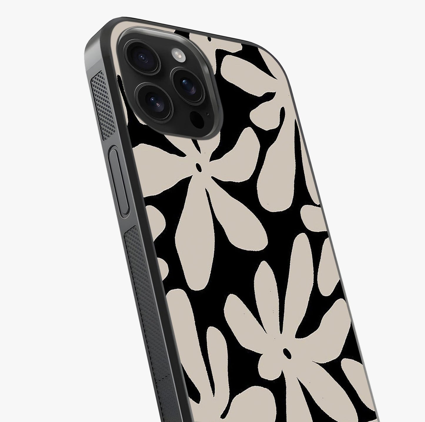 Monochrome Petal Dance Glass Case captured at a warm angle highlighting gloss, texture and premium glass finish.