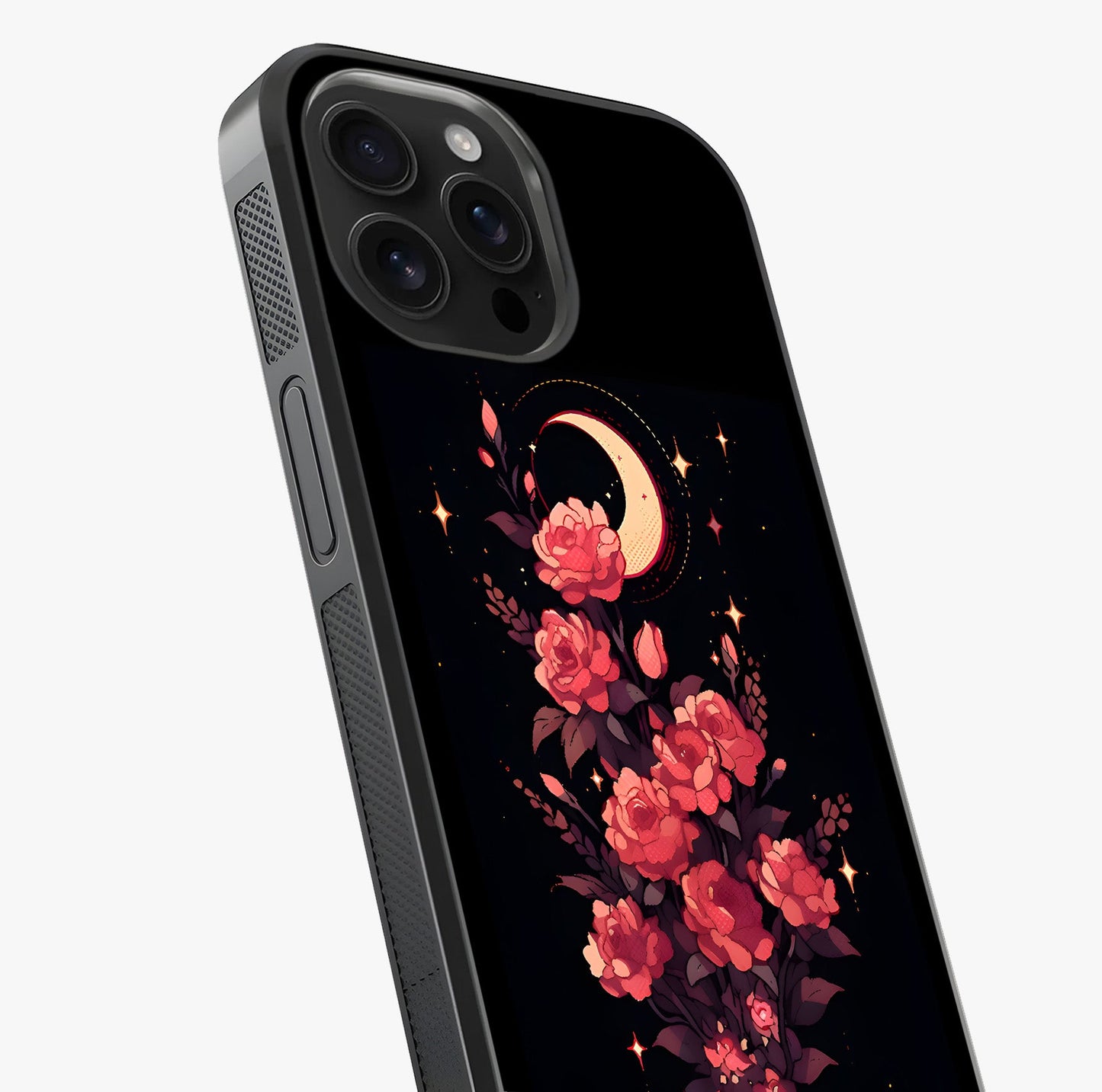 Moonlit Floral Elegance Glass Case captured at a warm angle highlighting gloss, texture and premium glass finish.