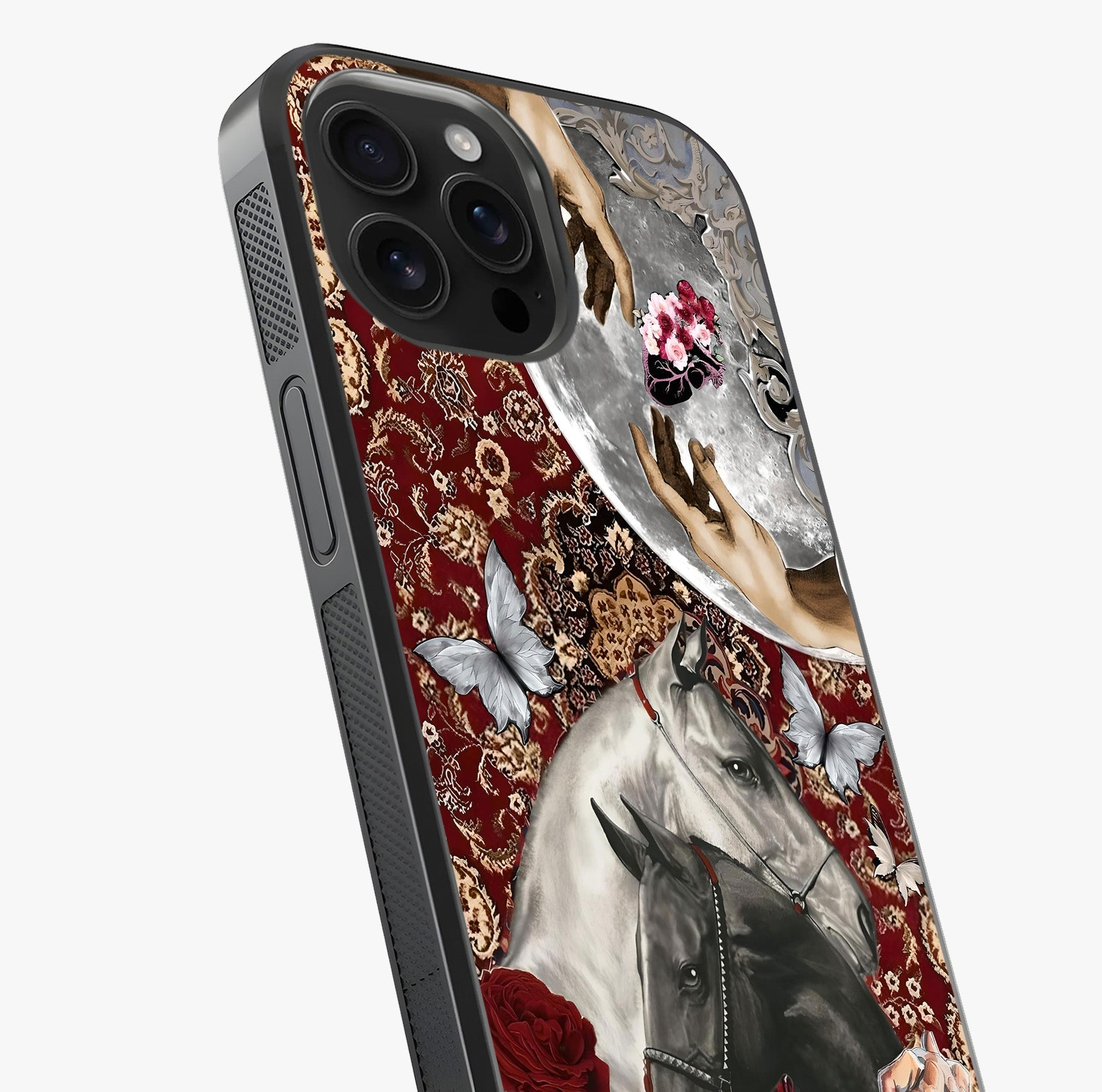 Moonlit Royal Stallion Glass Case captured at a warm angle highlighting gloss, texture and premium glass finish.