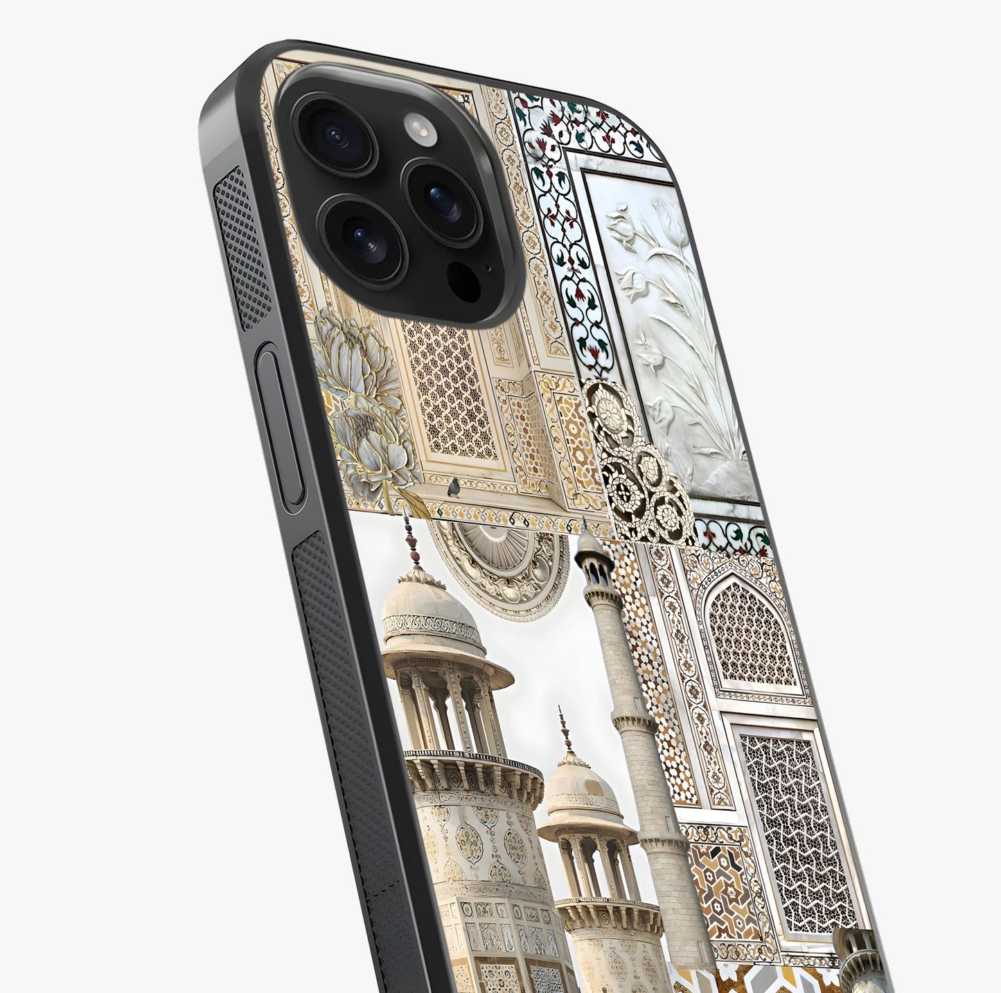 Mughal Marble Legacy Glass Case captured at a warm angle highlighting gloss, texture and premium glass finish.
