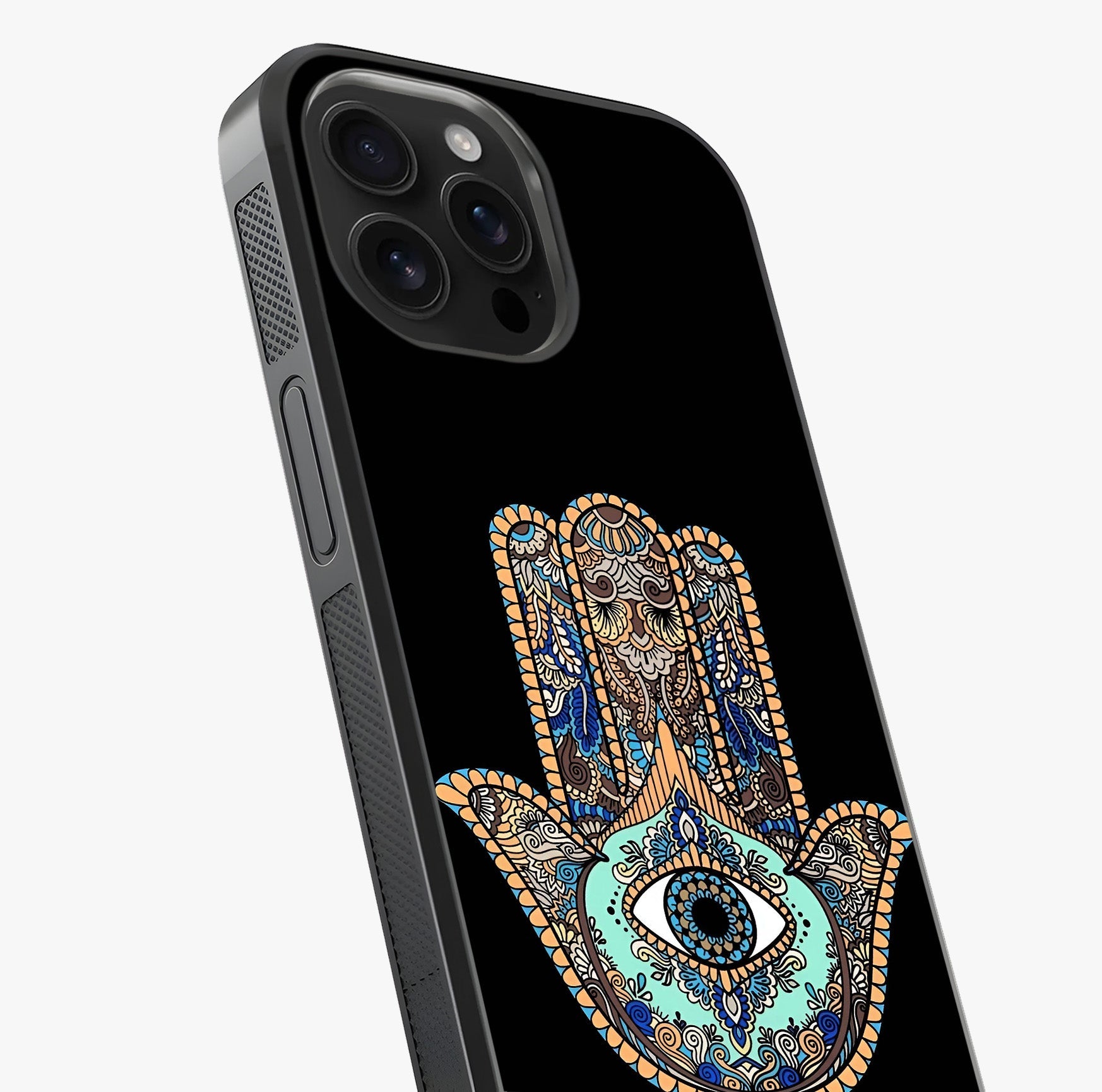 Mystic Hamsa Eye Glass Case captured at a warm angle highlighting gloss, texture and premium glass finish.