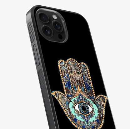 Mystic Hamsa Eye Glass Case captured at a warm angle highlighting gloss, texture and premium glass finish.