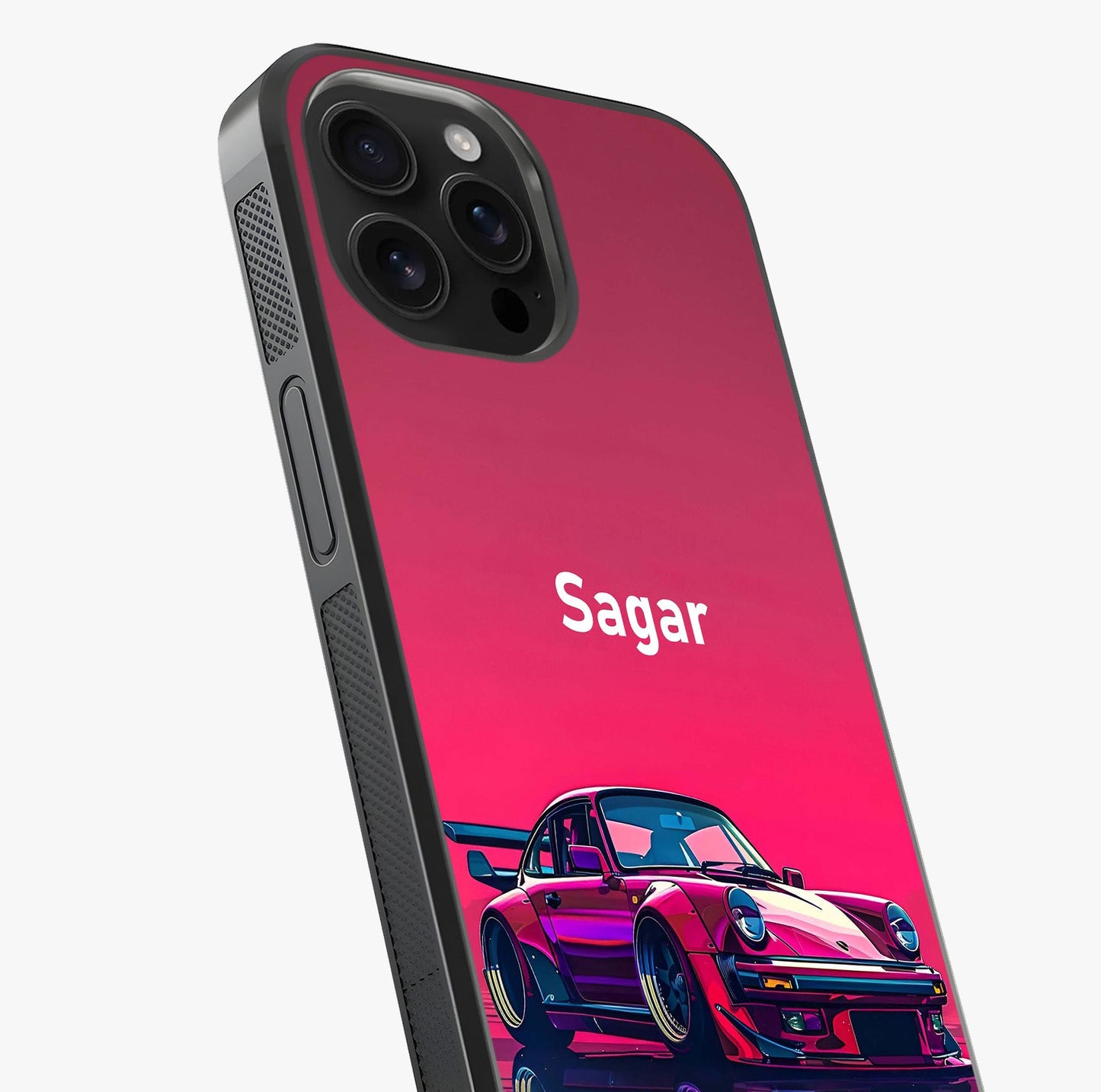 Neon Pink Porsche Glass Case captured at a warm angle highlighting gloss, texture and premium glass finish.
