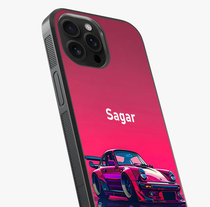 Neon Pink Porsche Glass Case captured at a warm angle highlighting gloss, texture and premium glass finish.