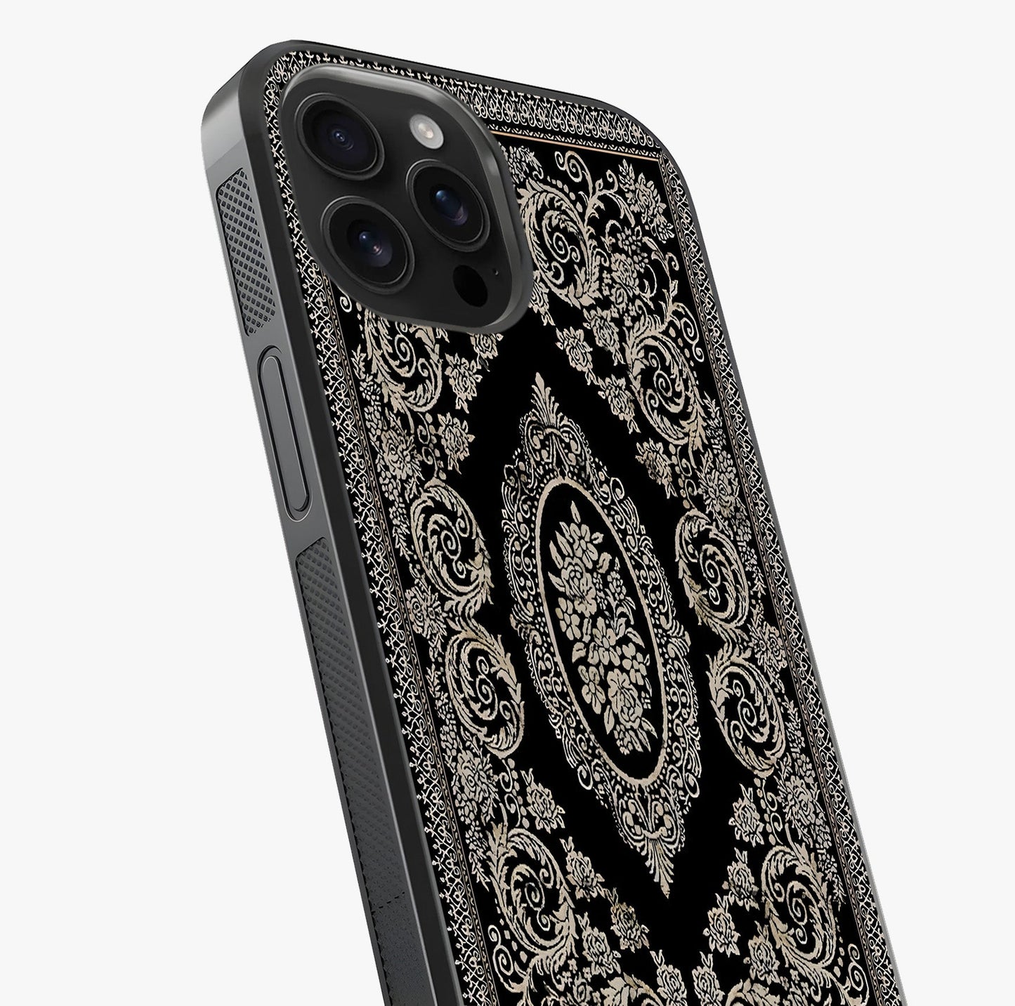 Noir Bloom Elegance Glass Case captured at a warm angle highlighting gloss, texture and premium glass finish.