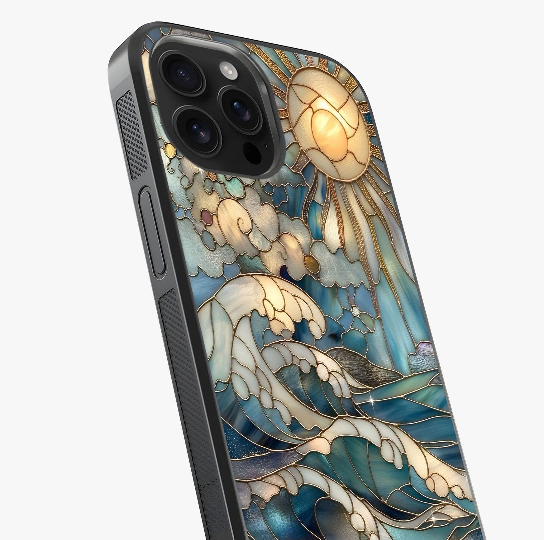 Oceanic Stained Printed Glass Case captured at a warm angle highlighting gloss, texture and premium glass finish.