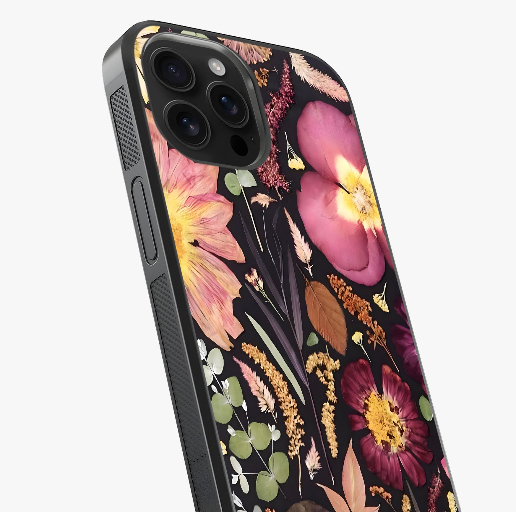 Petal Dream Tapestry Glass Case captured at a warm angle highlighting gloss, texture and premium glass finish.