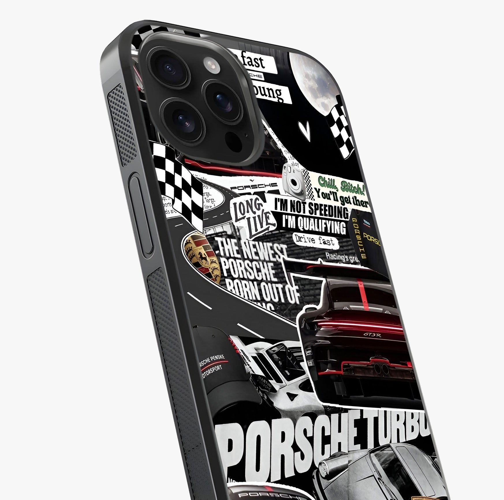 Porsche Racing Collage Glass Case captured at a warm angle highlighting gloss, texture and premium glass finish.