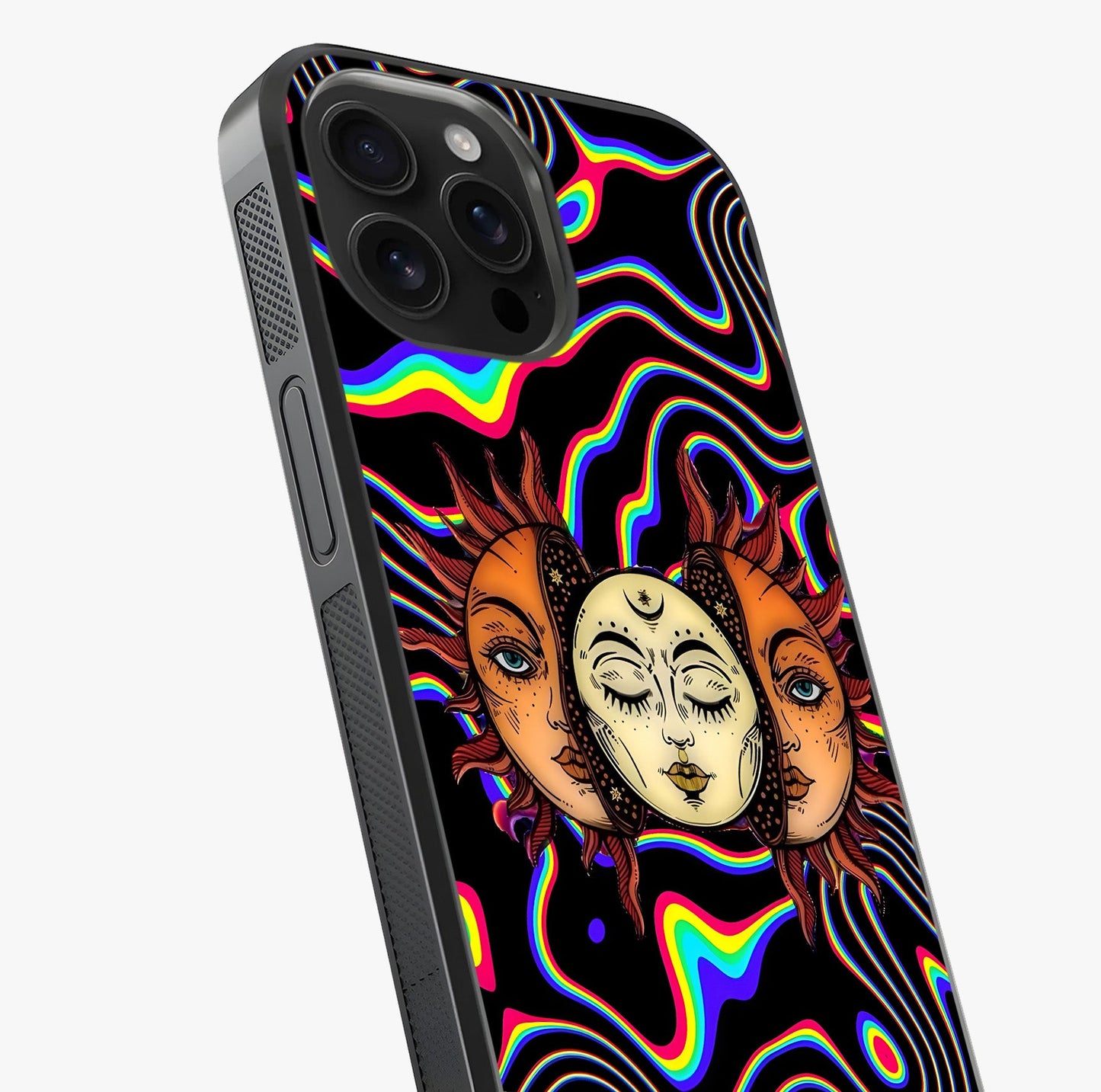 Psychedelic Sun Glass Case captured at a warm angle highlighting gloss, texture and premium glass finish.