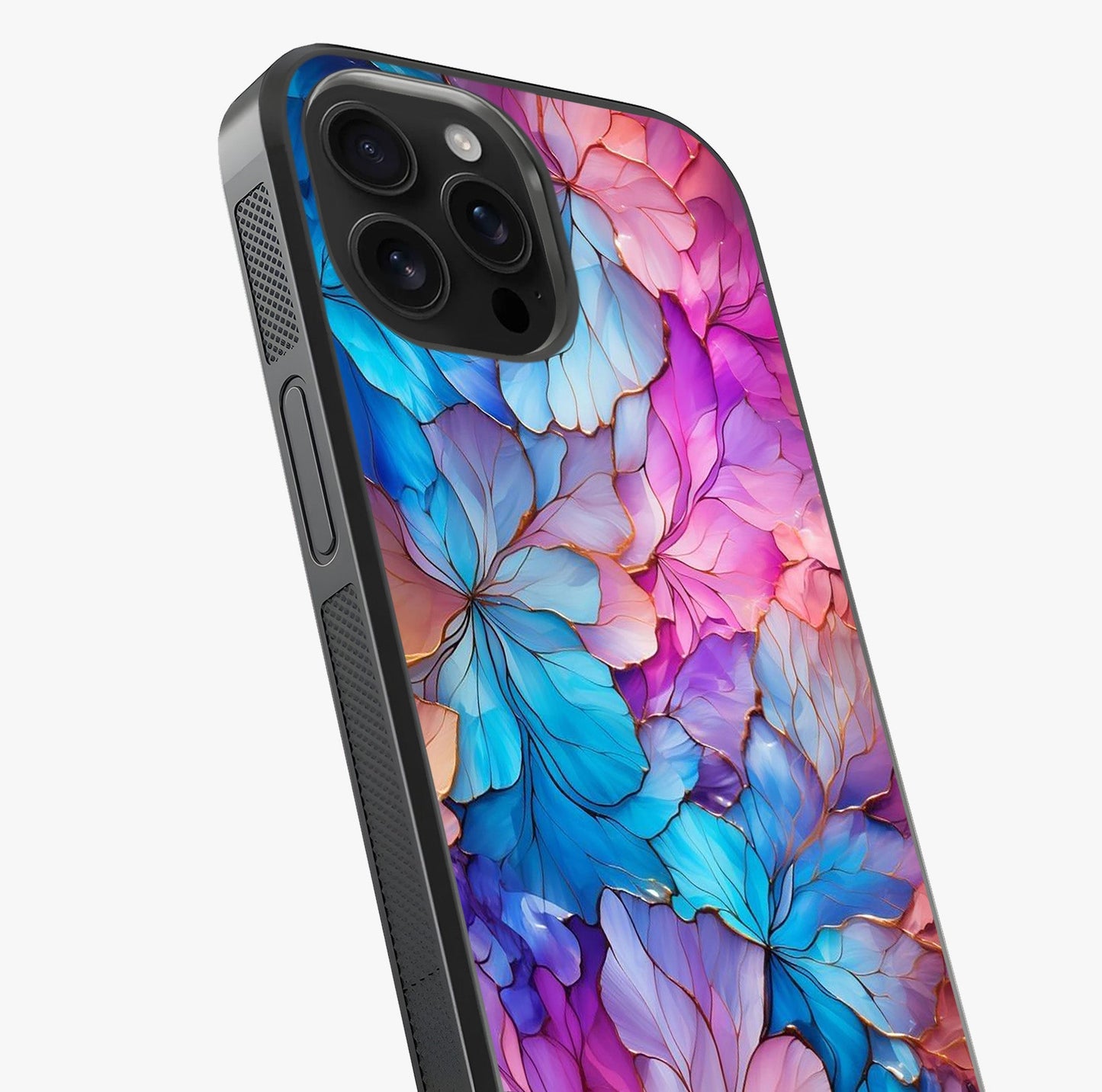 Radiant Floral Whirl Glass Case captured at a warm angle highlighting gloss, texture and premium glass finish.