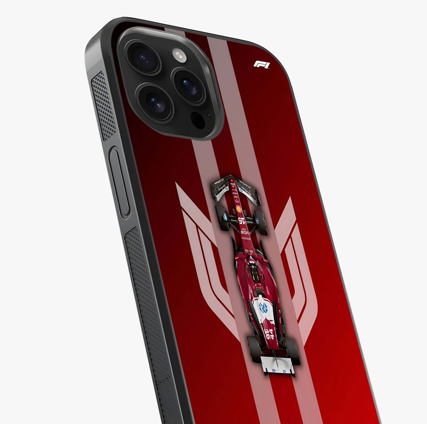 Red Ferrari F1 Vertical Glass Case captured at a warm angle highlighting gloss, texture and premium glass finish.