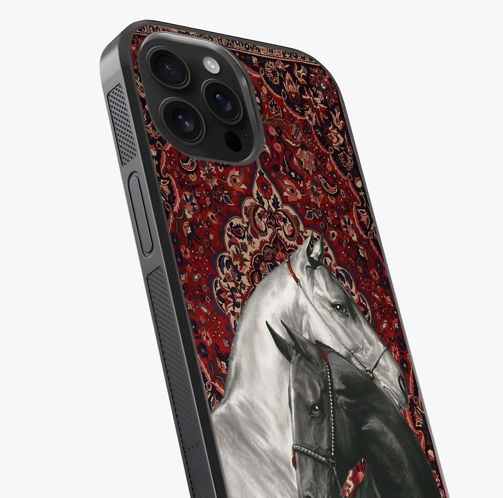 Regal Stallion Tapestry Glass Case captured at a warm angle highlighting gloss, texture and premium glass finish.