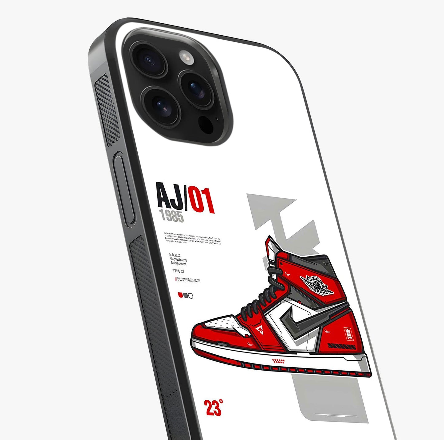Retro Sneaker Blueprint Glass Case captured at a warm angle highlighting gloss, texture and premium glass finish.