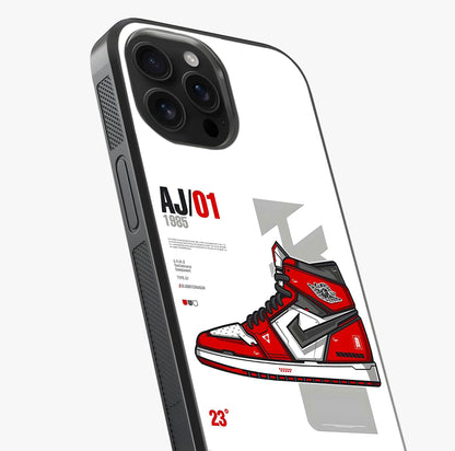 Retro Sneaker Blueprint Glass Case captured at a warm angle highlighting gloss, texture and premium glass finish.
