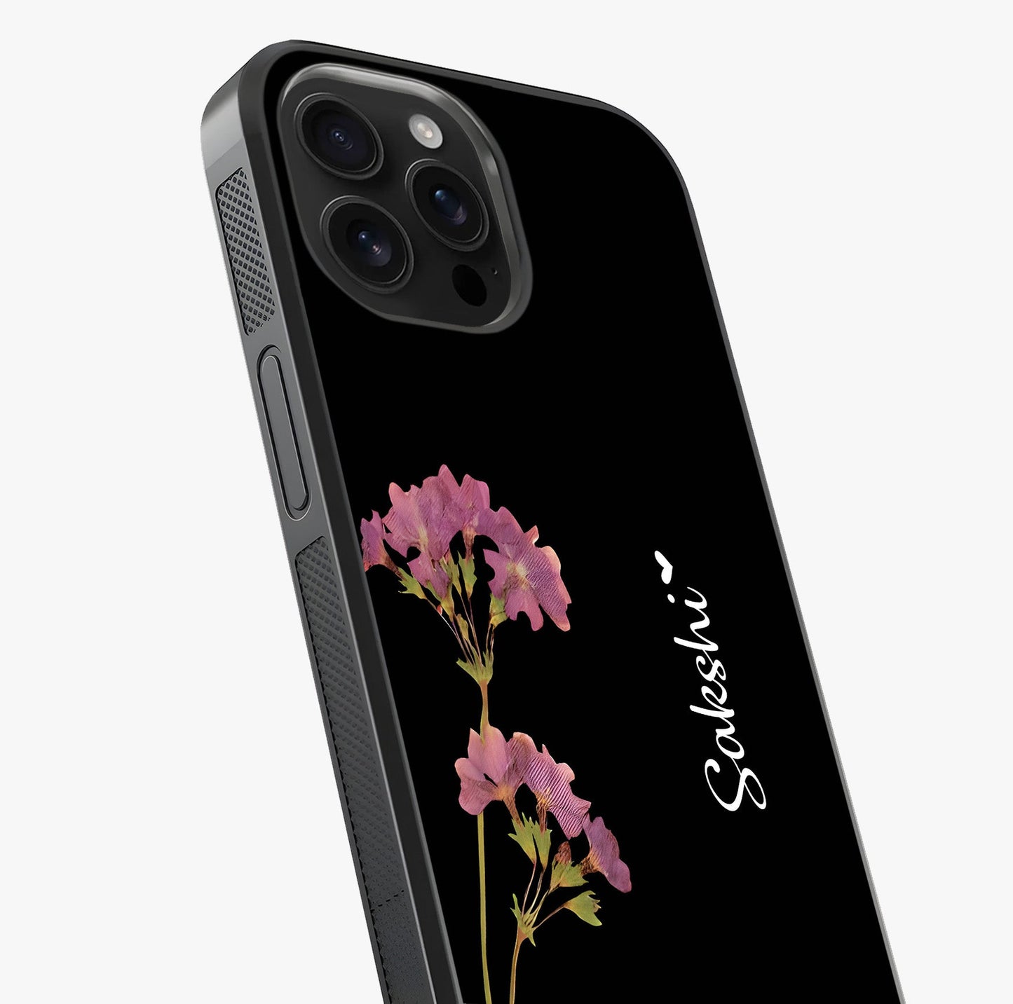 Riching Lavender Flower Custom Name Glass Case captured at a warm angle highlighting gloss, texture and premium glass finish.