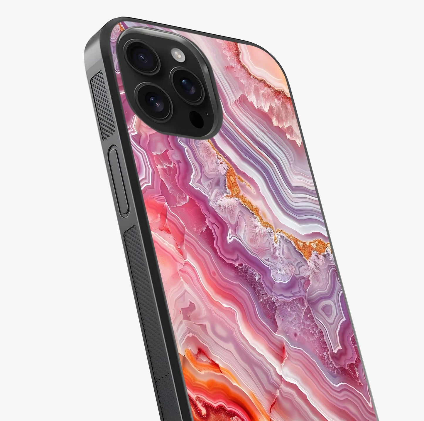 Rose Quartz Marble Glass Case captured at a warm angle highlighting gloss, texture and premium glass finish.