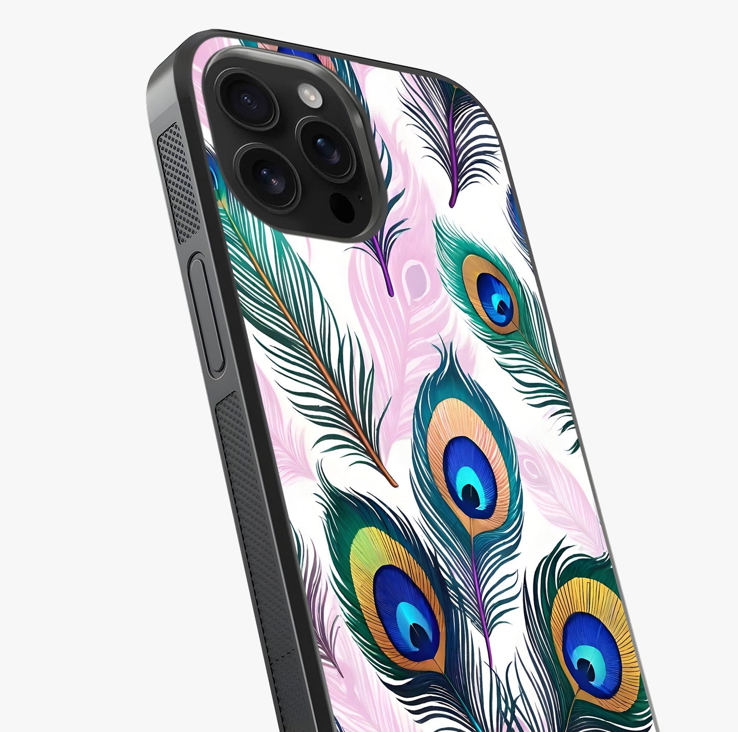 Royal Peacock Feathers Glass Case captured at a warm angle highlighting gloss, texture and premium glass finish.