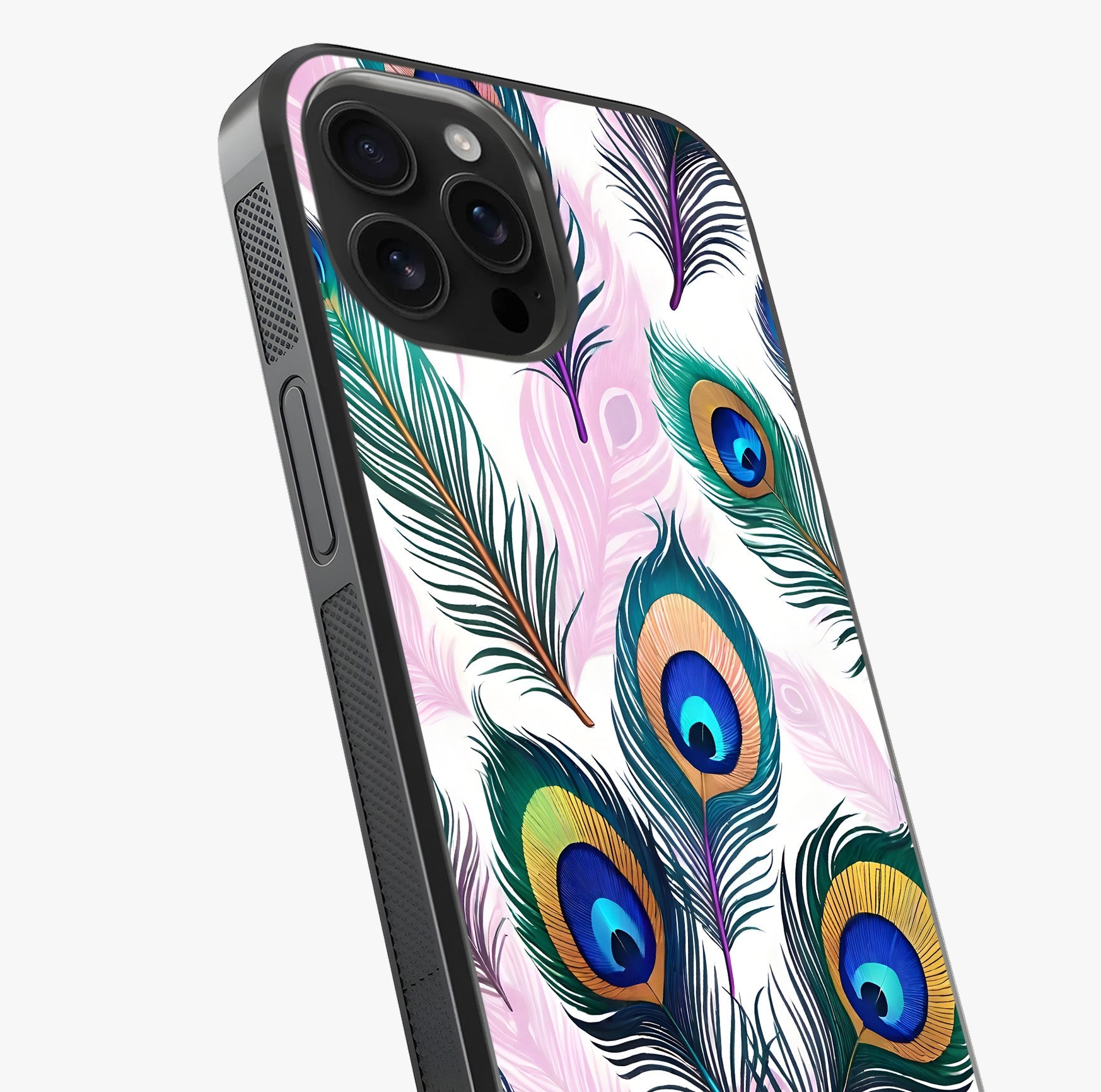 Royal Peacock Feathers Glass Case captured at a warm angle highlighting gloss, texture and premium glass finish.