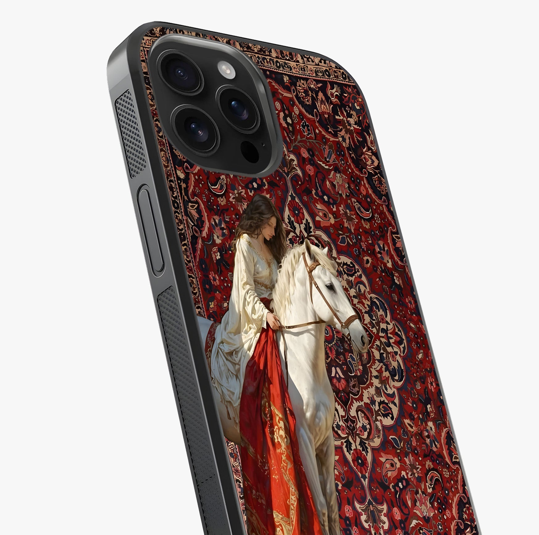 Royal Rider Tapestry Glass Case captured at a warm angle highlighting gloss, texture and premium glass finish.