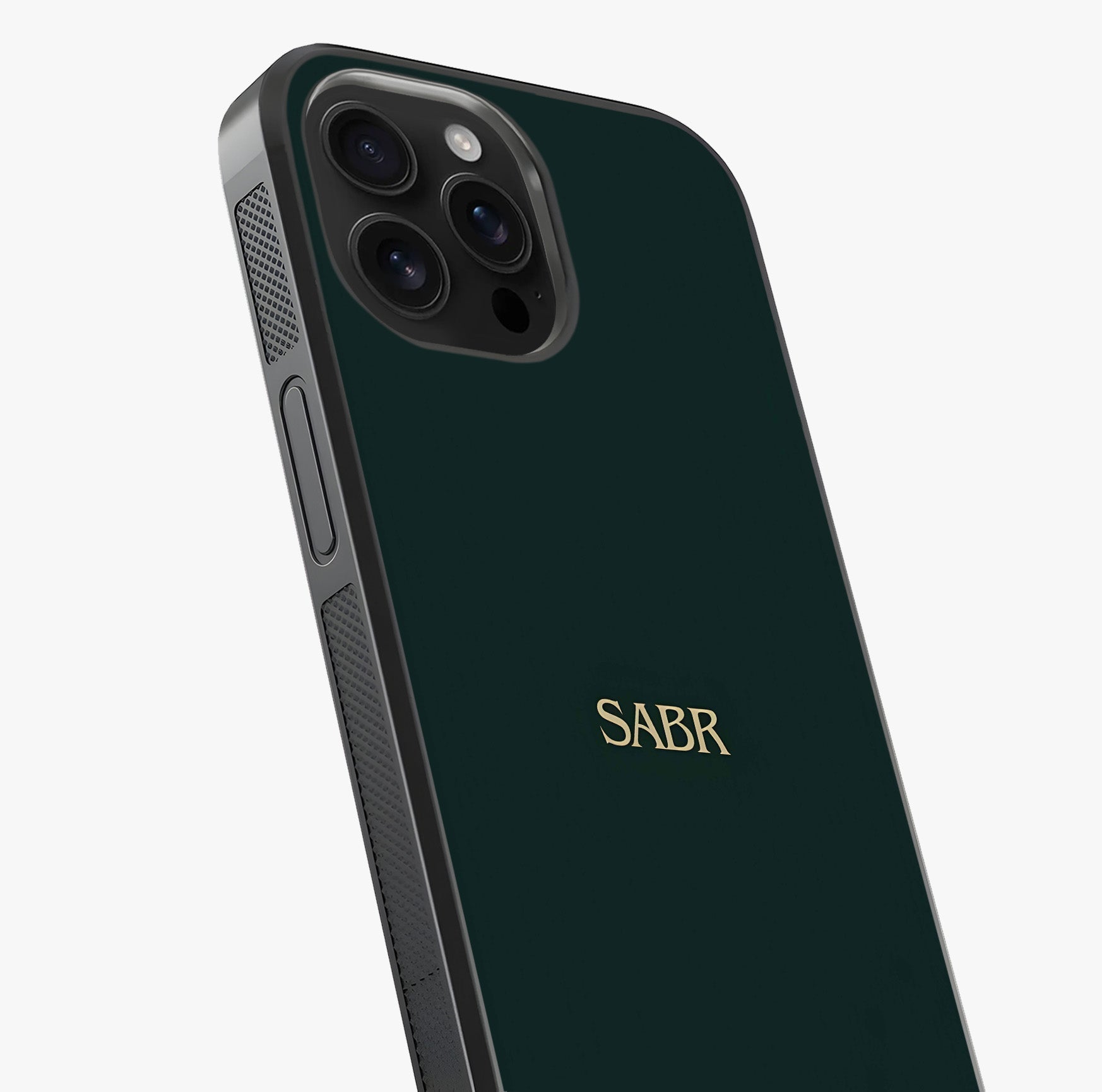Sabr Minimal Patience Glass Case captured at a warm angle highlighting gloss, texture and premium glass finish.