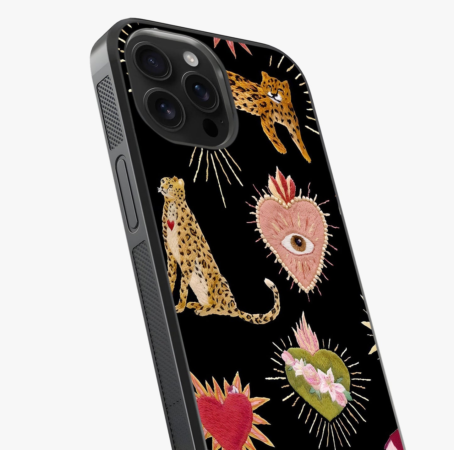 Sacred Jungle Heart Glass Case captured at a warm angle highlighting gloss, texture and premium glass finish.
