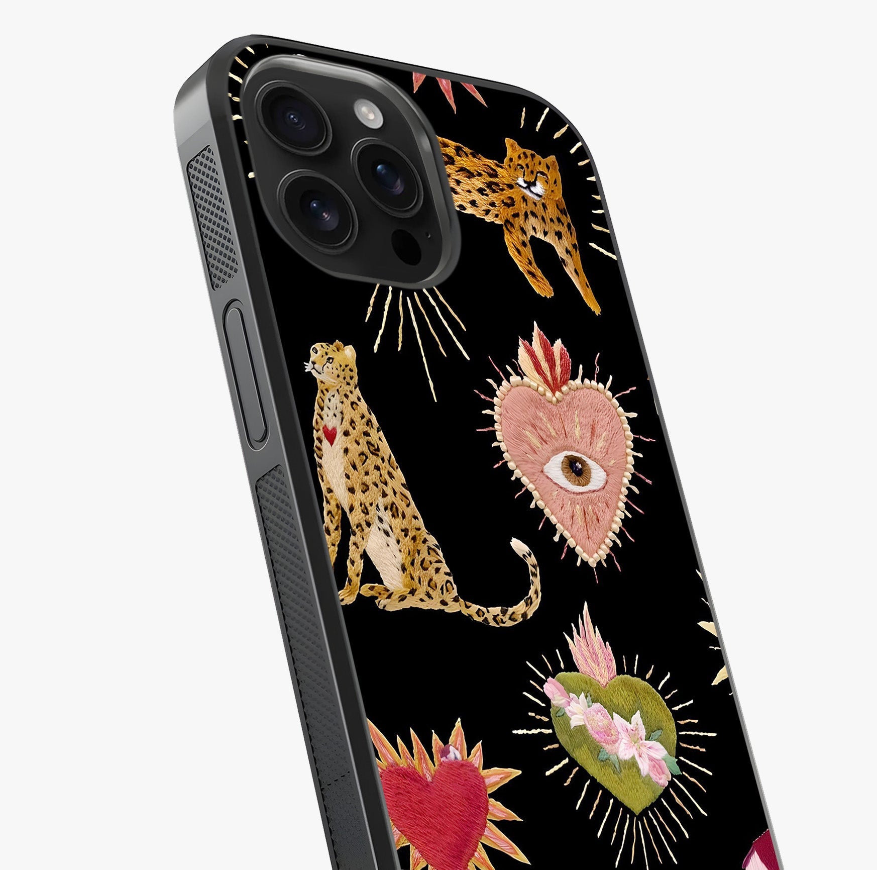 Sacred Jungle Heart Glass Case captured at a warm angle highlighting gloss, texture and premium glass finish.