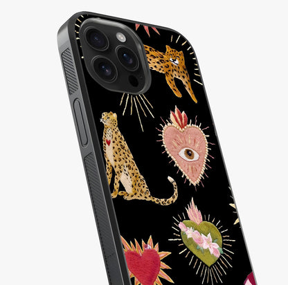 Sacred Jungle Heart Glass Case captured at a warm angle highlighting gloss, texture and premium glass finish.