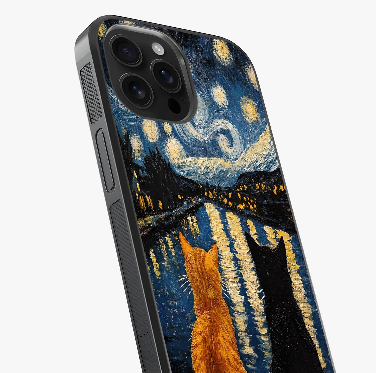 Starry River Cats Glass Case captured at a warm angle highlighting gloss, texture and premium glass finish.
