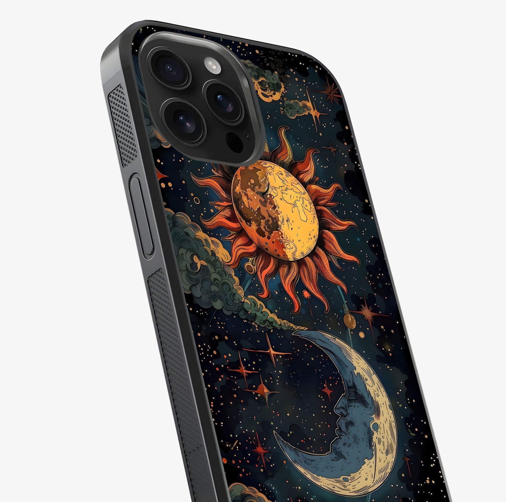 Sun And Moon Magic Design Glass Case captured at a warm angle highlighting gloss, texture and premium glass finish.