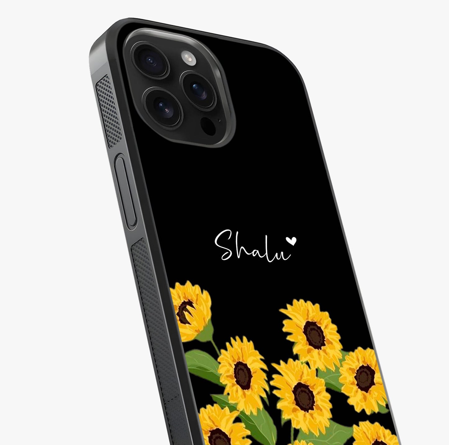 Sunflower Chic Mood Custom Name Glass Case captured at a warm angle highlighting gloss, texture and premium glass finish.