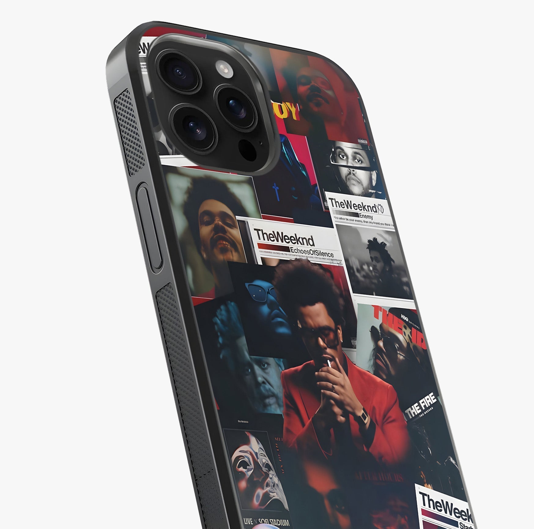 The Weeknd Glass Case captured at a warm angle highlighting gloss, texture and premium glass finish.