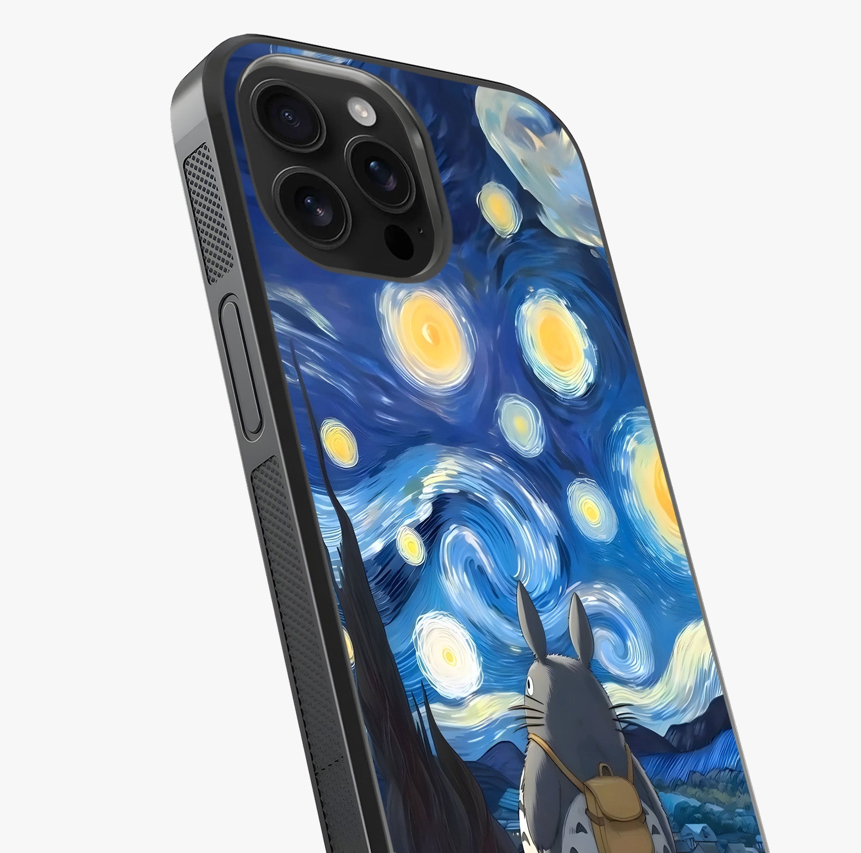 Totoro In Van Gogh Art Glass Case captured at a warm angle highlighting gloss, texture and premium glass finish.