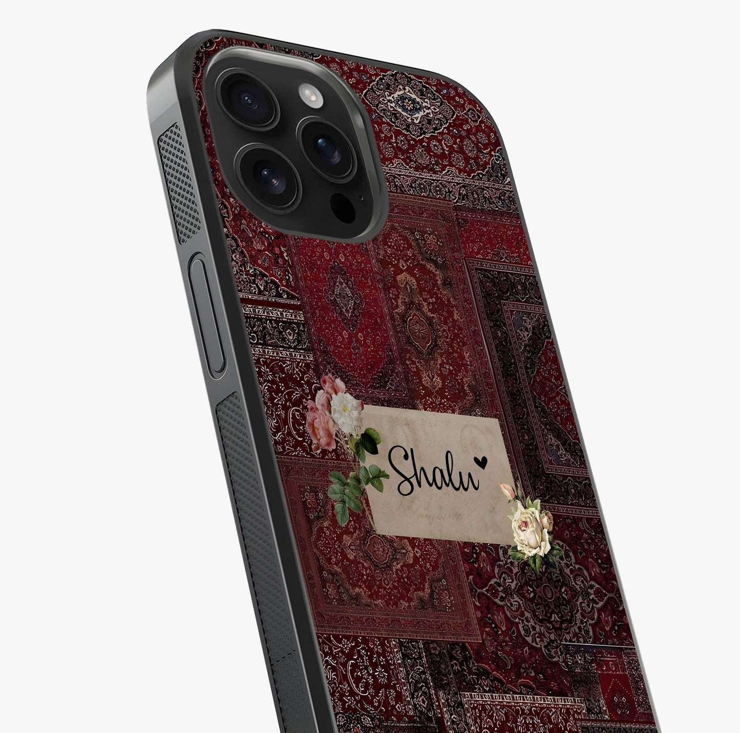 Velvet Wine Pattern Custom Name Glass Case captured at a warm angle highlighting gloss, texture and premium glass finish.
