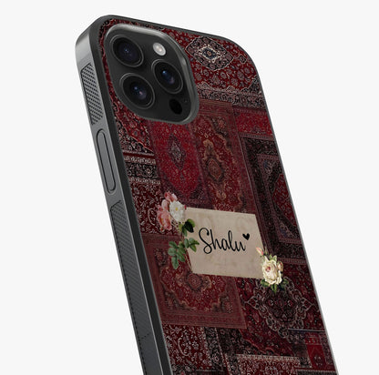 Velvet Wine Pattern Custom Name Glass Case captured at a warm angle highlighting gloss, texture and premium glass finish.