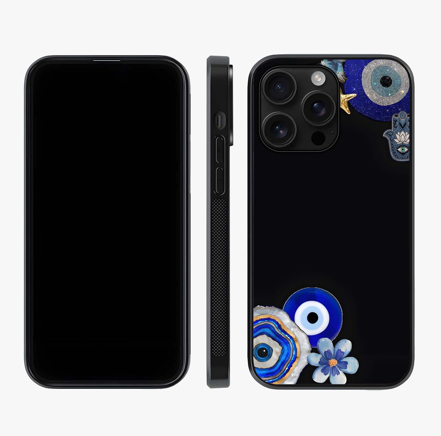 Aesthetic Blue Evil Eye Glass Case displayed upright for full design visibility and premium finish.