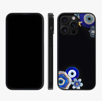 Aesthetic Blue Evil Eye Glass Case displayed upright for full design visibility and premium finish.