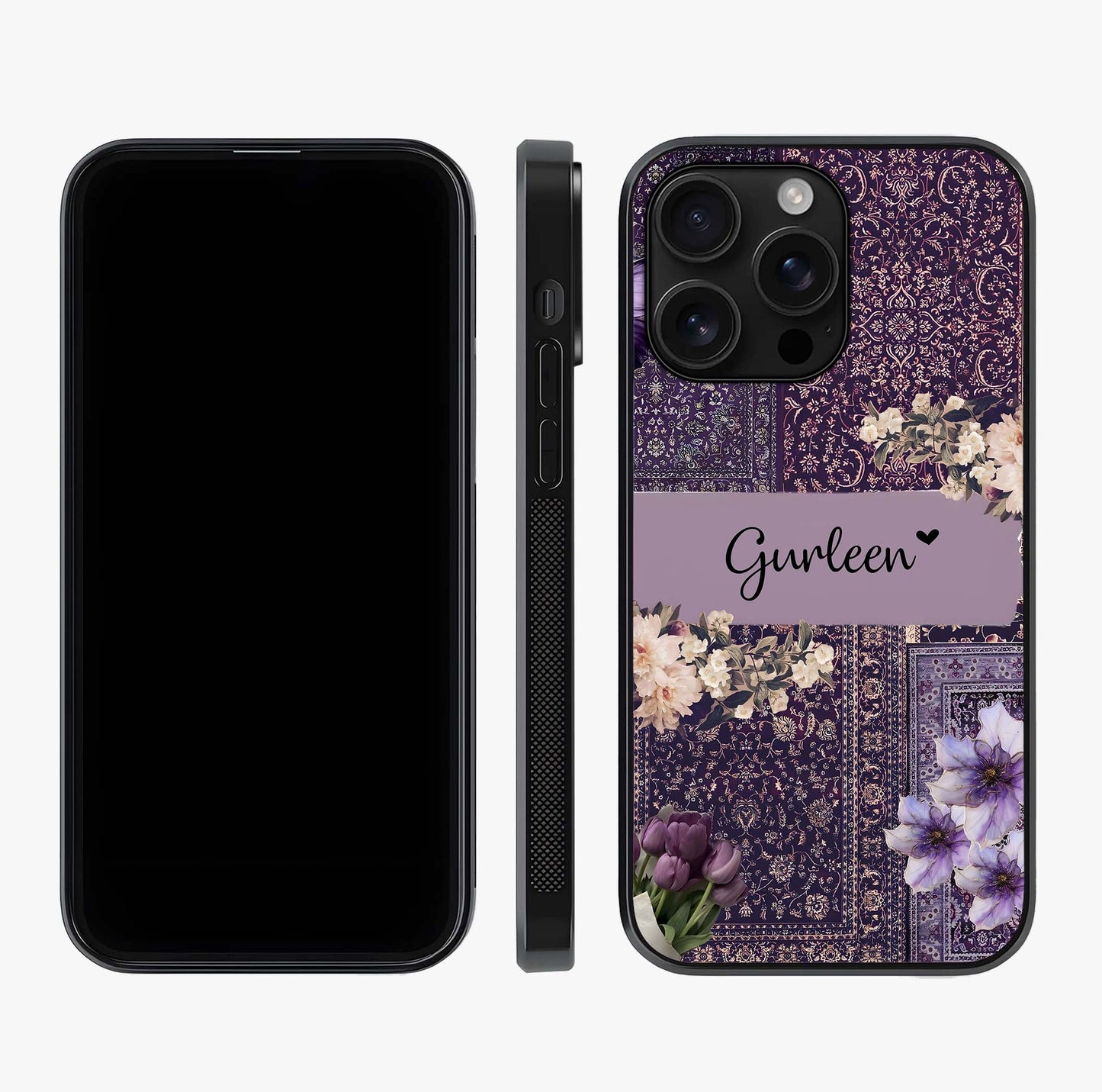 Antique Floral Whisper Custom Name Glass Case displayed upright for full design visibility and premium finish.