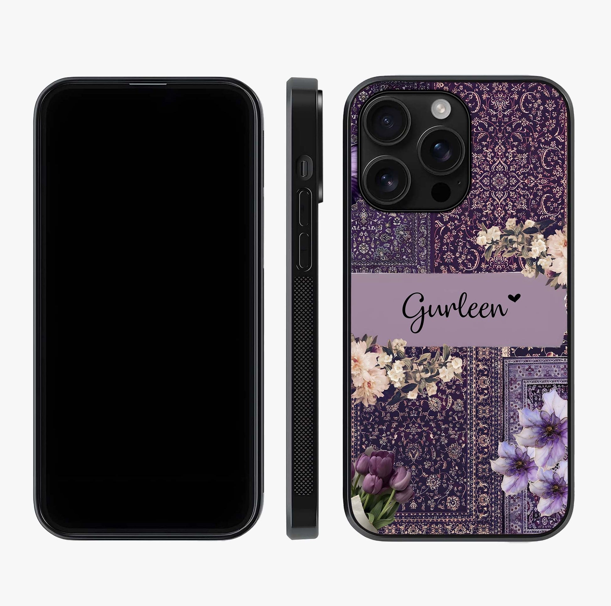 Antique Floral Whisper Custom Name Glass Case displayed upright for full design visibility and premium finish.