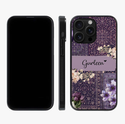 Antique Floral Whisper Custom Name Glass Case displayed upright for full design visibility and premium finish.