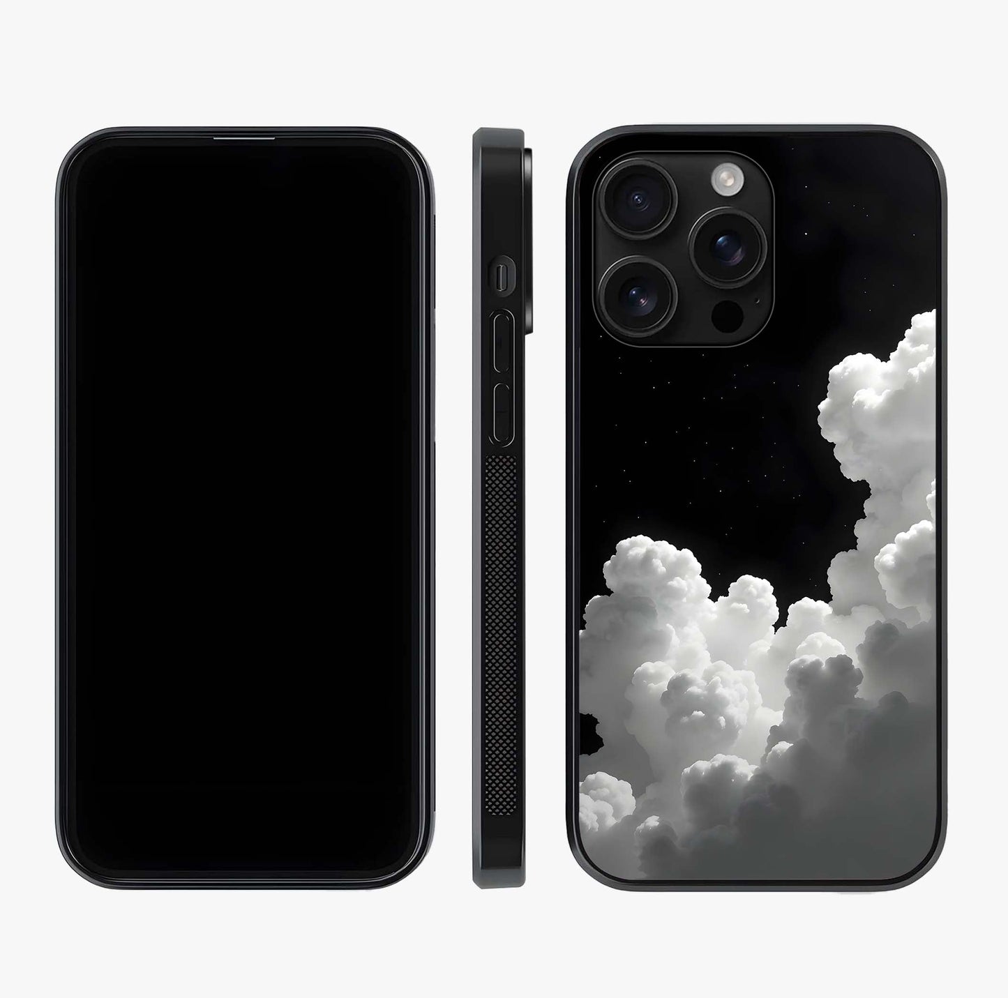 Black Background With White Cloud Glass Case displayed upright for full design visibility and premium finish.