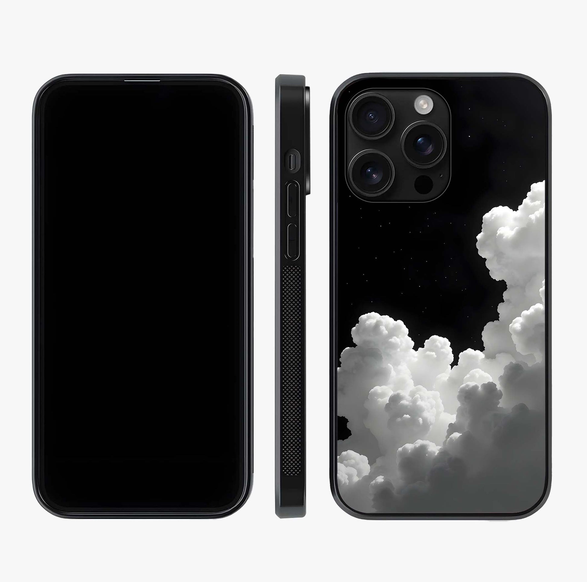 Black Background With White Cloud Glass Case displayed upright for full design visibility and premium finish.