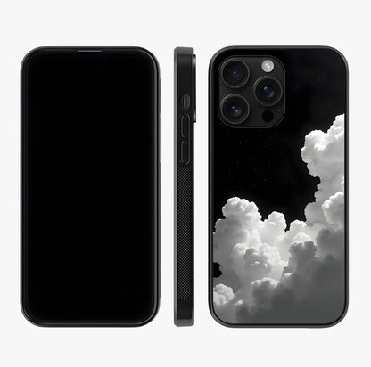 Black Background With White Cloud Glass Case displayed upright for full design visibility and premium finish.